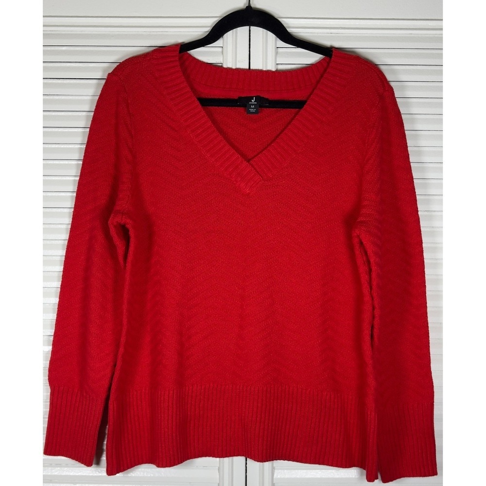 J Jason Wu Red Chevron Textured Knit V-Neck Sweater Womens Size M‎ Office Preppy